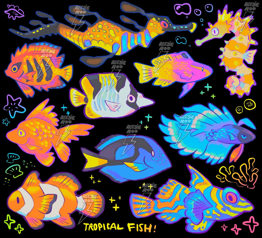 animal_focus, black_background, butterflyfish, clownfish, commentary, english_commentary, english_text, fish, flame_angelfish, highres, mandarinfish, marine_angelfish, no_humans, original, reesieroo-spark, regal_blue_tang, royal_gramma, sea_dragon, seahorse, siamese_fighting_fish, simple_background, tropical_fish, watermark