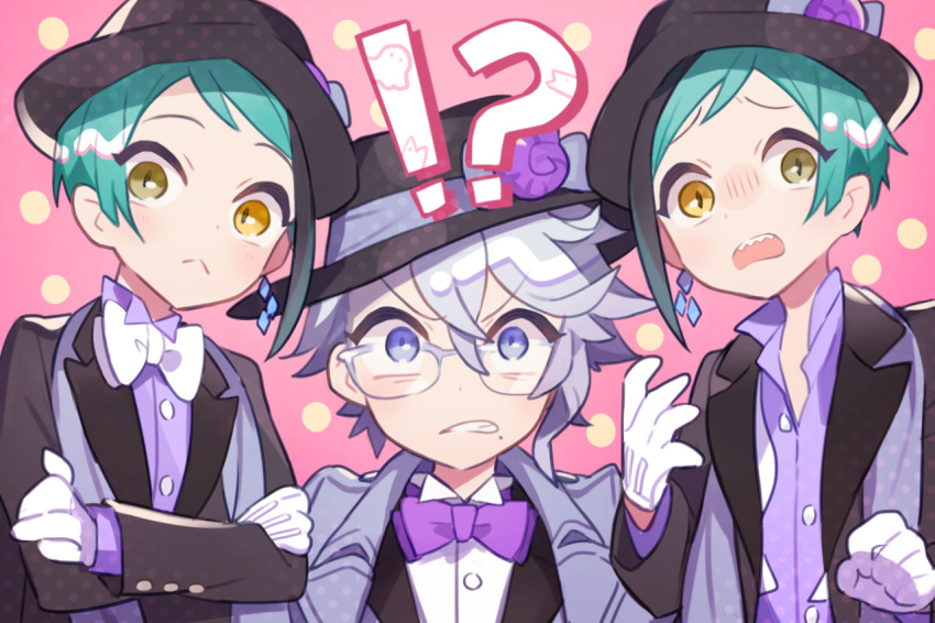 !?, 3boys, :<, azul_ashengrotto, black_coat, black_hair, black_hat, blue_eyes, bow, bowtie, brothers, chestnut_mouth, coat, collared_shirt, commentary_request, earrings, floyd_leech, glasses, green_eyes, green_hair, grey_coat, grey_hair, grimace, hat, heterochromia, jade_leech, jewelry, kanyoko_(yuzukano_17), looking_at_viewer, male_focus, mole, mole_under_mouth, multicolored_hair, multiple_boys, octavinelle_dorm_uniform, pink_background, polka_dot, polka_dot_background, purple_bow, purple_bowtie, sharp_teeth, shirt, short_hair, siblings, single_earring, streaked_hair, surprised, teeth, twins, twisted_wonderland, undone_bowtie, white_background, white_bow, white_bowtie, white_shirt, yellow_background, yellow_eyes