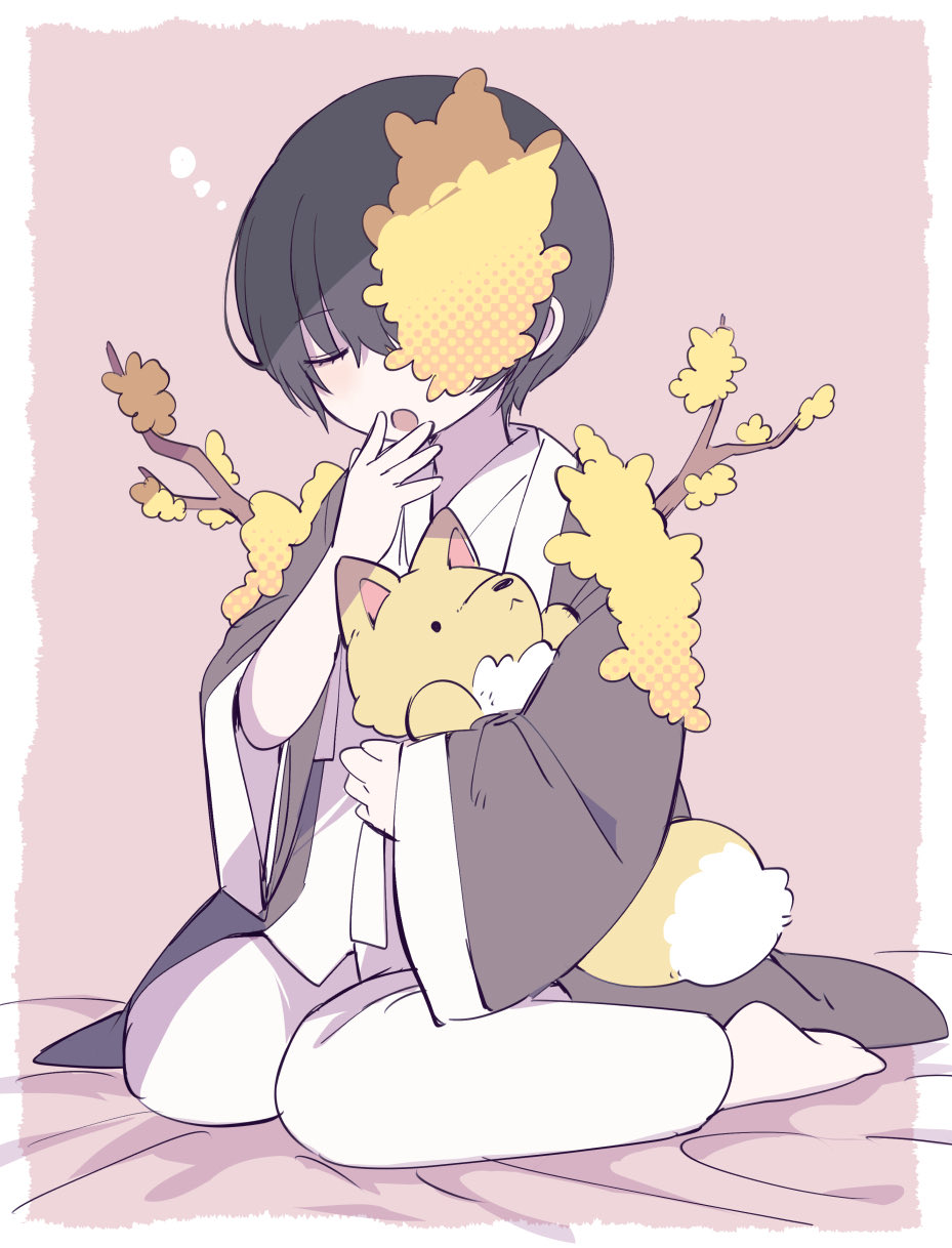 1boy, barefoot, black_hair, border, branch, closed_eyes, closed_mouth, coat