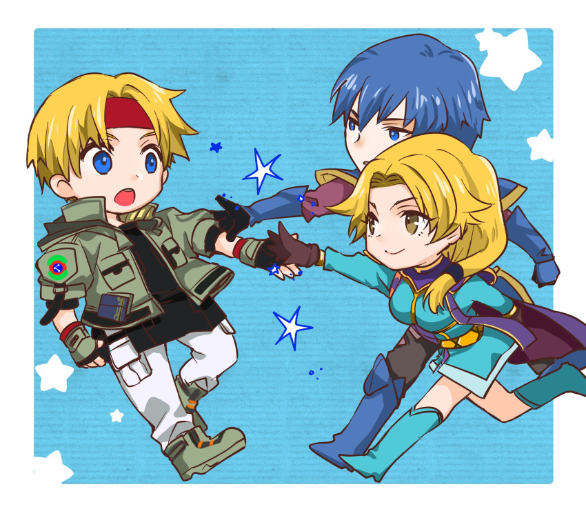 1girl, 2boys, armor, blonde_hair, blue_eyes, blue_hair, chibi, claude_c._kenny