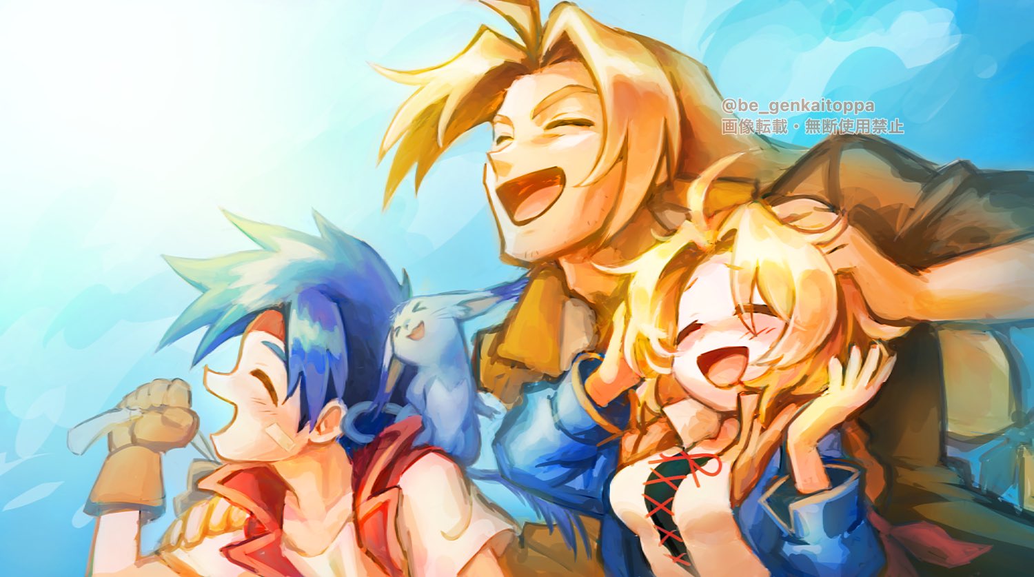 1girl, 2boys, ahoge, blonde_hair, blue_hair, cecilia_lynne_adelhyde, coat, commentary_request