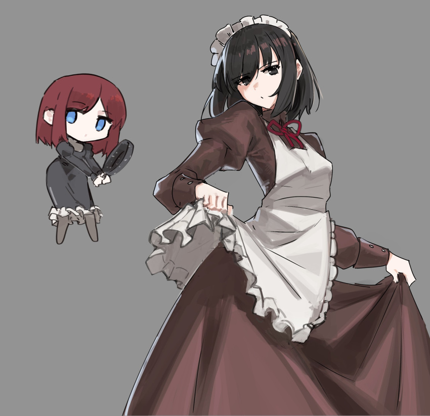2girls, alternate_costume, apron, black_dress, black_eyes, black_hair, blue_eyes, brown_dress
