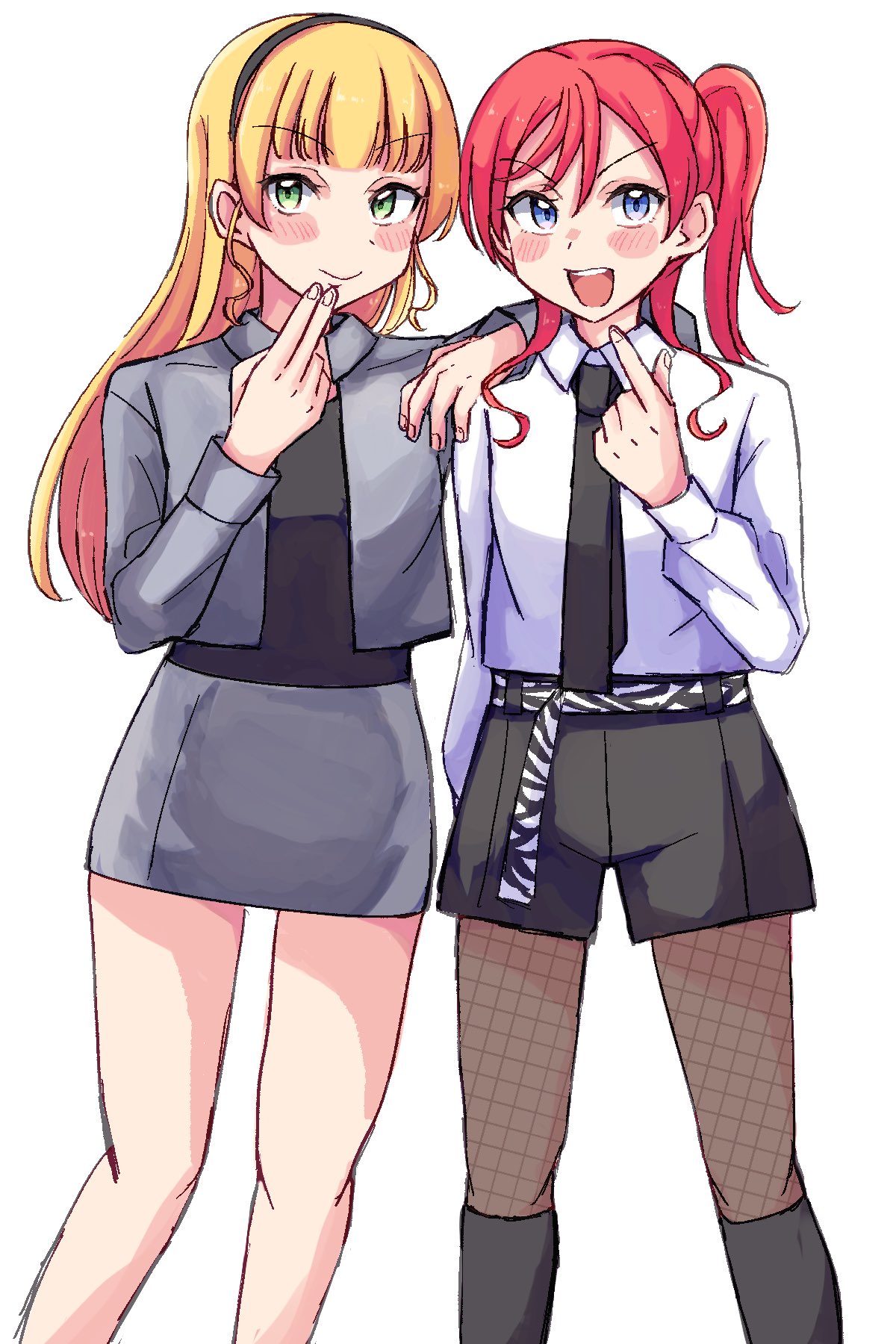 2girls, black_hairband, black_necktie, black_pantyhose, black_shirt, black_shorts, blonde_hair, blue_eyes