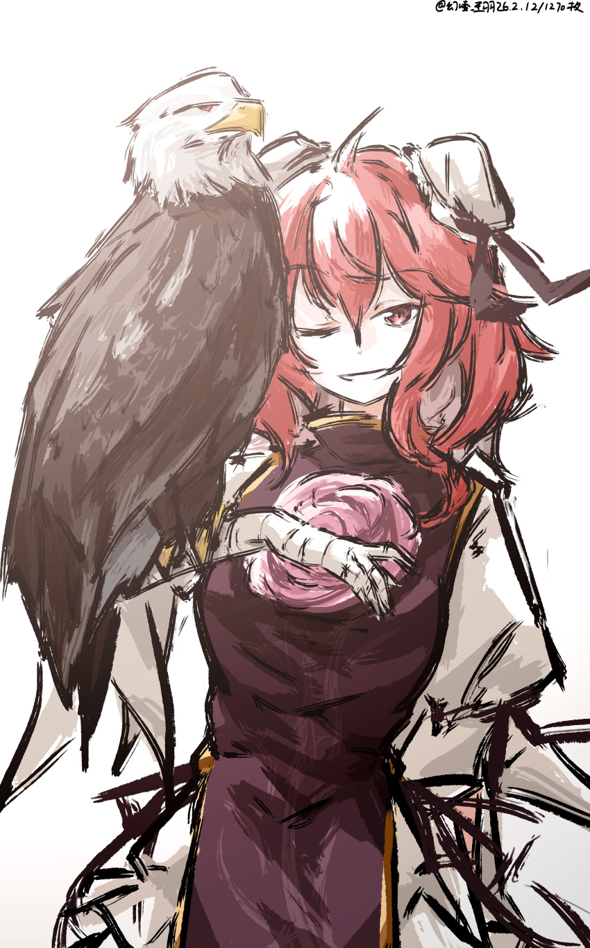 1girl, absurdres, animal_on_arm, artist_name, bandaged_arm, bandages, bird, bird_on_arm