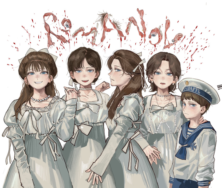 1boy, 4girls, :d, alexei_nikolaevich_romanov, anastasia_nikolaevna_romanova, blue_eyes, blush, brown_hair, child, collarbone, dress, earrings, guro, hat, highres, implied_death, jewelry, long_hair, long_sleeves, looking_at_viewer, maria_nikolaevna_romanova, medal, min_do-sik, multiple_girls, olga_nikolaevna_romanova, open_mouth, real_life, regicide, russian_empire, sailor, short_hair, simple_background, smile, tatiana_nikolaevna_romanova, true_crime, white_background, white_dress