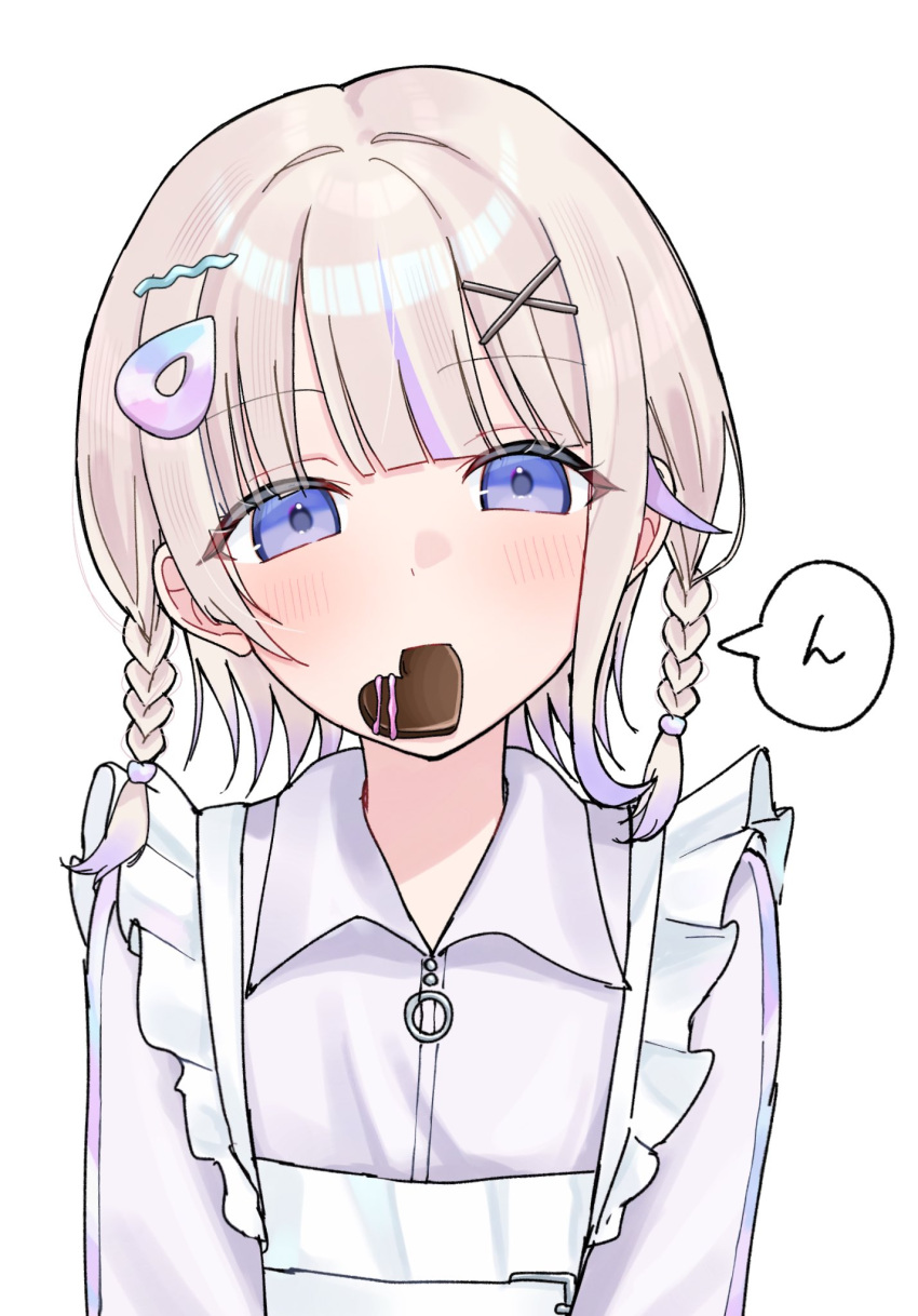 1girl, apron, blonde_hair, braid, candy, chocolate, commentary, food