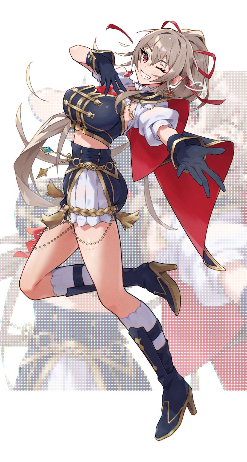 1girl, armpit_peek, black_gloves, boots, border, breasts, cape, chain