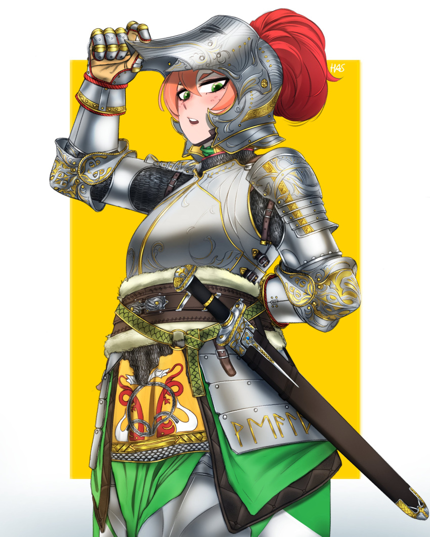 1girl, absurdres, arm_behind_back, armor, armored_skirt, belt, border, brown_belt