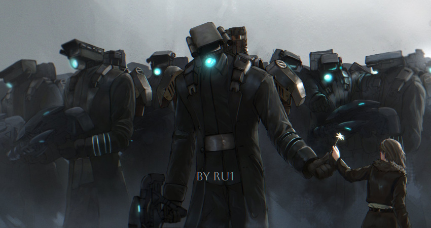 1girl, 6+boys, artist_name, blue_light, brown_hair, camera_man_(character), cloud_ruan99543, commentary