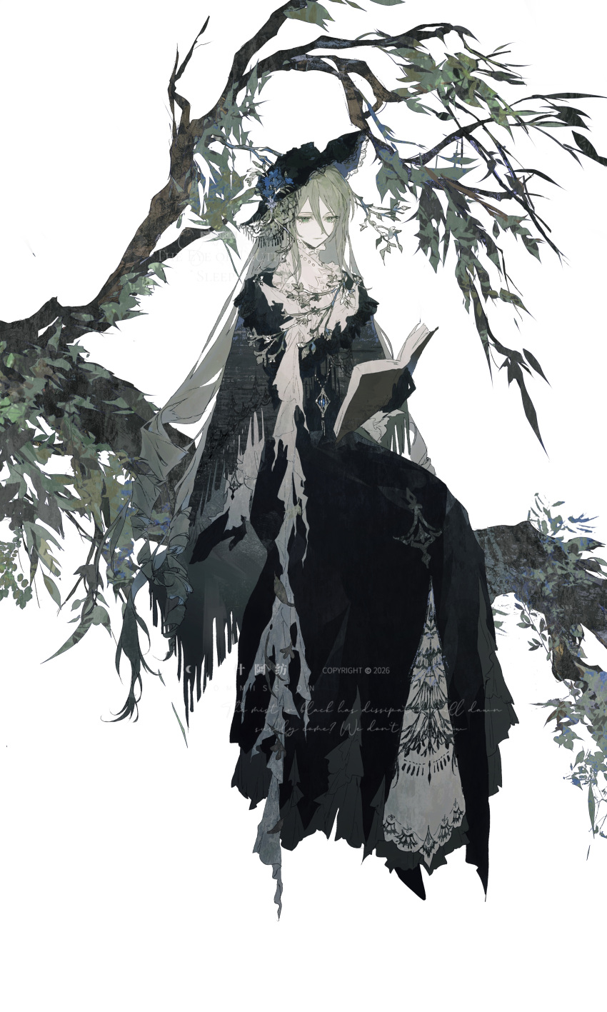 1girl, absurdres, black_dress, black_gloves, black_hat, blue_flower, book, branch