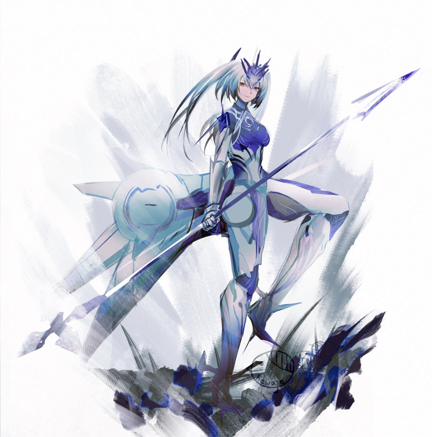 1girl, breasts, centaur, closed_mouth, commentary, cyborg, forehead_protector, grey_hair