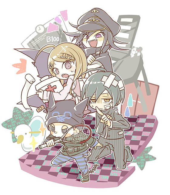 1girl, 3boys, ^^^, ahoge, akamatsu_kaede, analog_clock, arm_belt, backpack