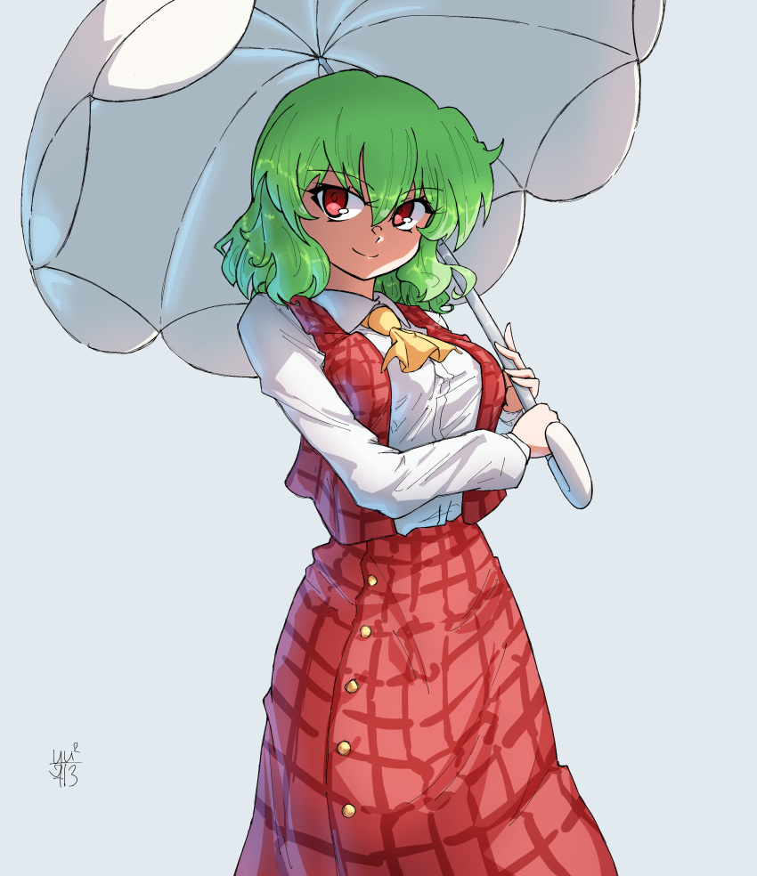 1girl, absurdres, ahoge, ascot, collared_shirt, commentary_request, green_eyes, hakunemui