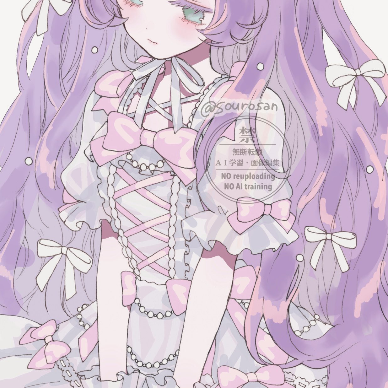 1girl, bow, commentary_request, dress, expressionless, frilled_sleeves, frills, green_eyes, hair_ribbon, highres, lolita_fashion, long_hair, looking_at_viewer, manaka_laala, neck_ribbon, pink_bow, pretty_series, pripara, puffy_short_sleeves, puffy_sleeves, purple_hair, ribbon, short_sleeves, solo, sweet_lolita, teruteru-san, very_long_hair, white_dress, white_ribbon