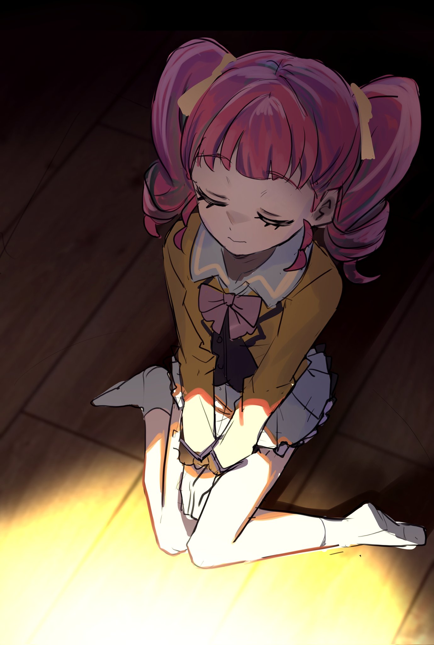 1girl, akagi_anna, between_legs, blunt_bangs, closed_eyes, closed_mouth, commentary, facing_viewer