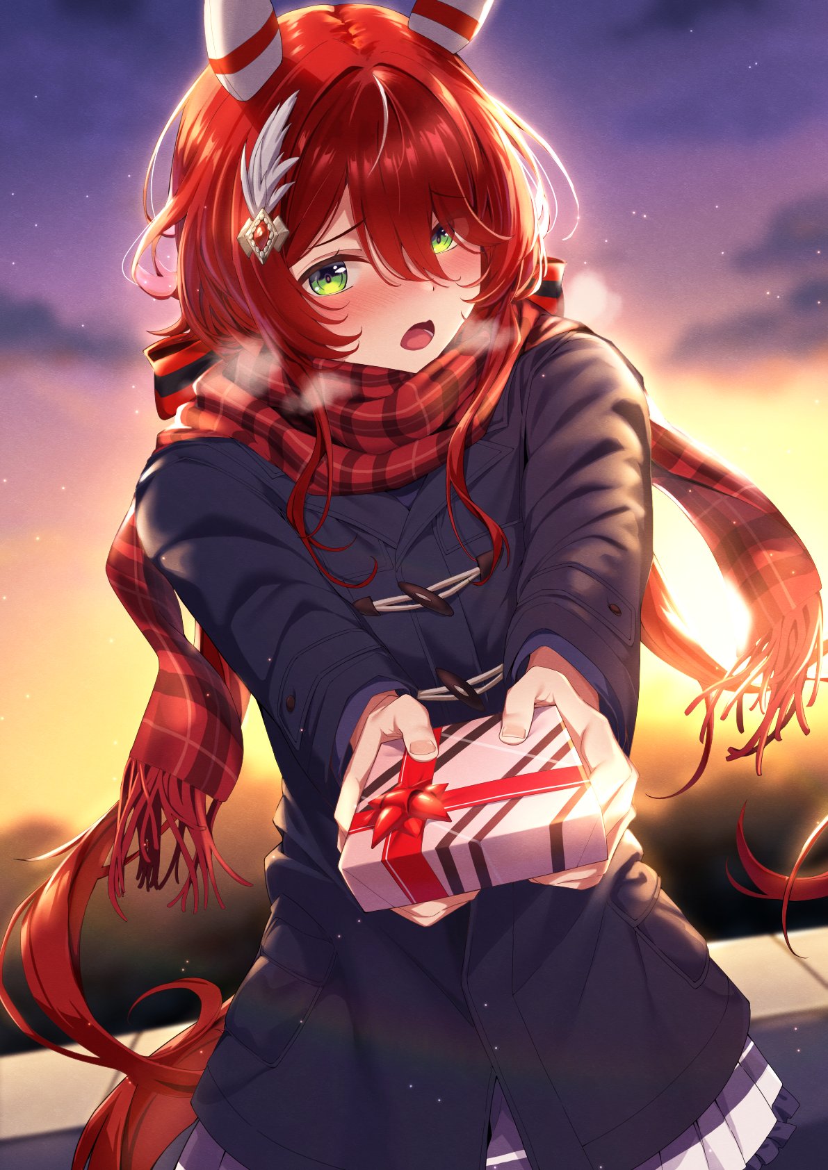 1girl, animal_ears, blue_coat, blush, box, breath, chocolate, coat