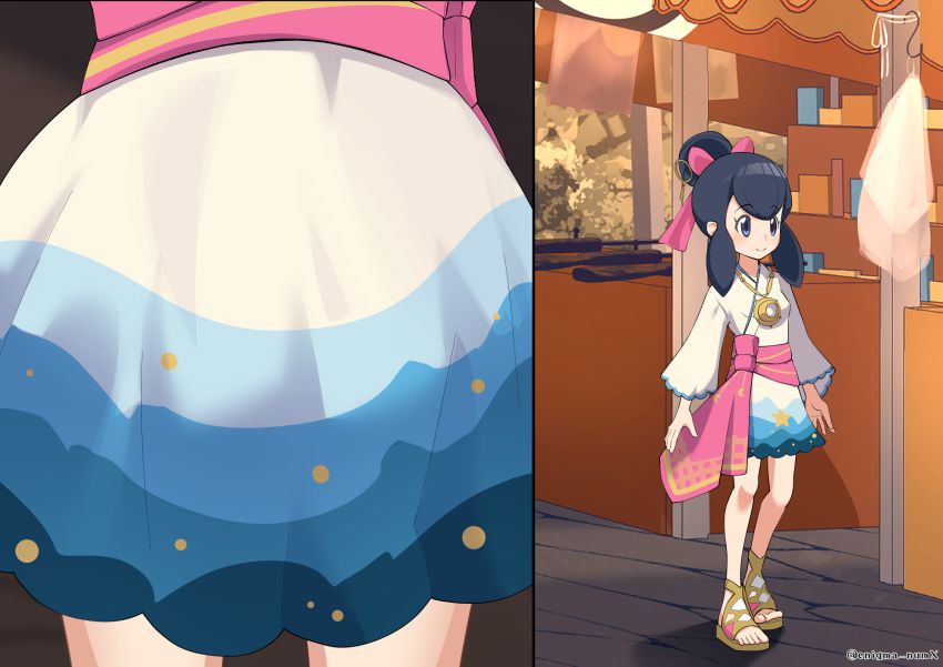 1girl, black_hair, brown_sandals, brown_shoes, closed_mouth, commentary_request, commission, dress, enigma_numx, gladiator_sandals, hair_bun, hair_ribbon, highres, liza_(pokemon), liza_(summer_2023)_(pokemon), long_hair, official_alternate_costume, pink_ribbon, pokemon, pokemon_masters_ex, ribbon, sandals, sash, shoes, single_hair_bun, skeb_commission, smile, standing, toes, twitter_username, watermark
