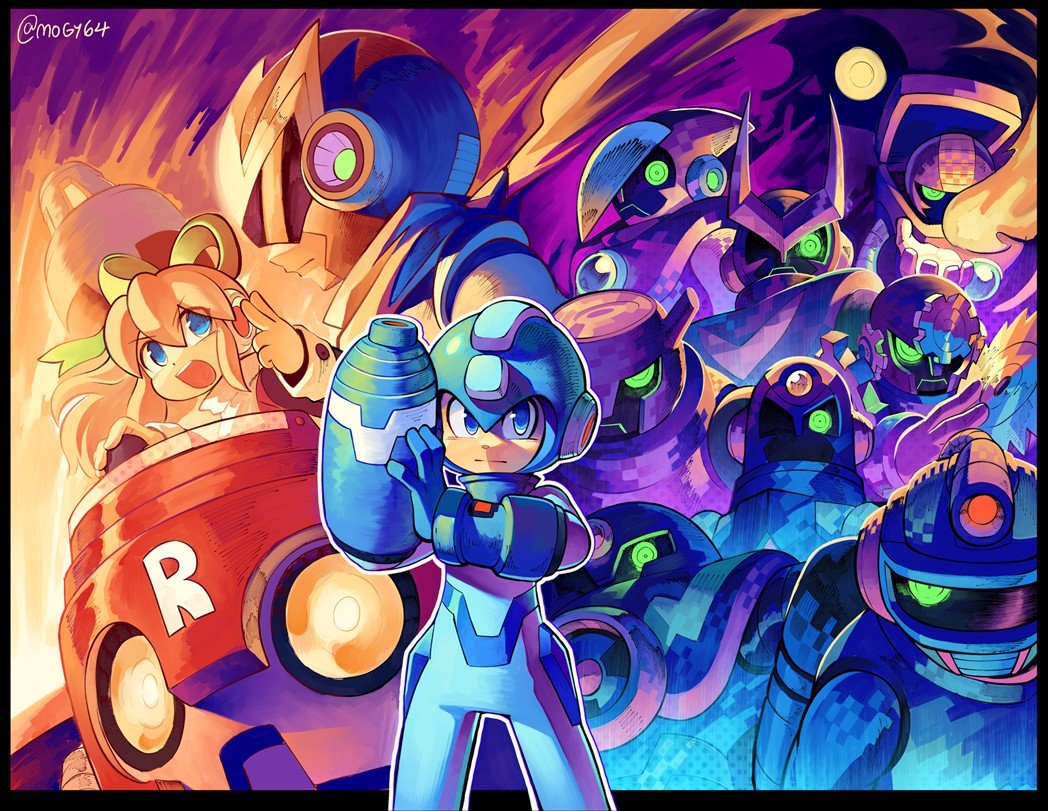 1girl, 6+boys, air_man, arm_cannon, blonde_hair, blue_eyes, blue_helmet, break_man