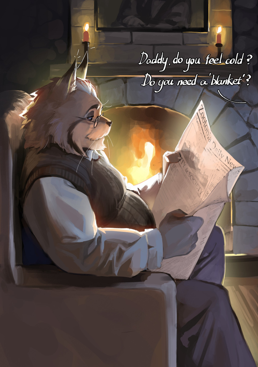 1boy, 9x8bit, absurdres, animal_ears, black_pants, blue_shirt, cat_boy, cat_ears, chair, claws, english_commentary, english_text, furry, furry_male, green_sweater, highres, holding, holding_newspaper, male_focus, milton_lynxley, newspaper, pants, reading, round_eyewear, shirt, sitting, sleeveless, sleeveless_sweater, sweater, whiskers, zootopia_2