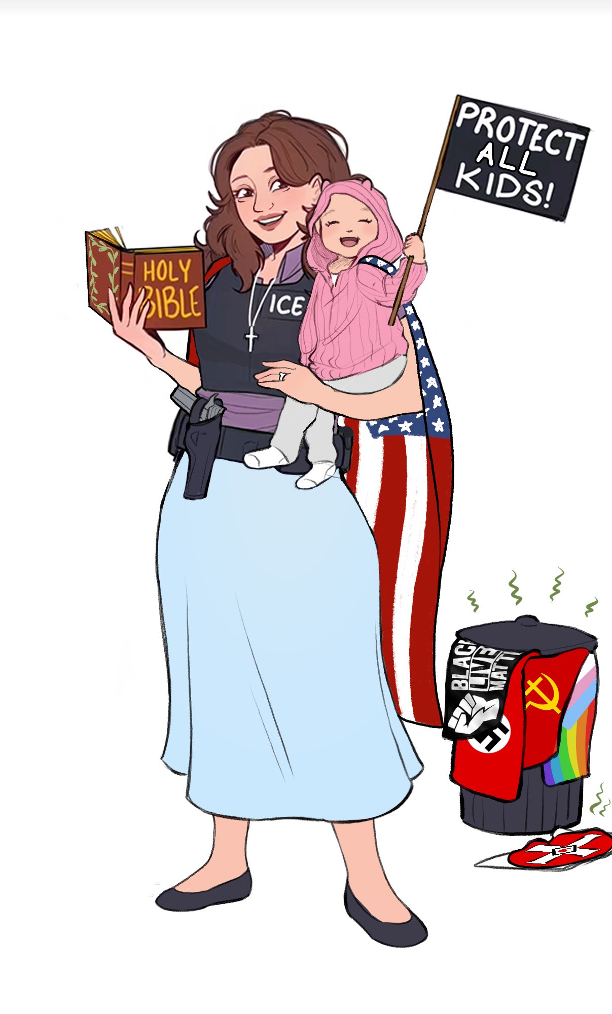 2girls, bible_(object), black_lives_matter, black_shoes, blue_skirt, book, brown_hair, bulletproof_vest