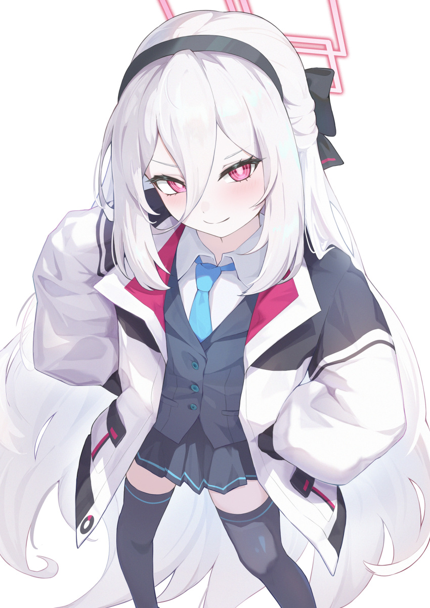 1girl, absurdres, black_hairband, black_jacket, black_skirt, black_thighhighs, blue_archive, blue_necktie
