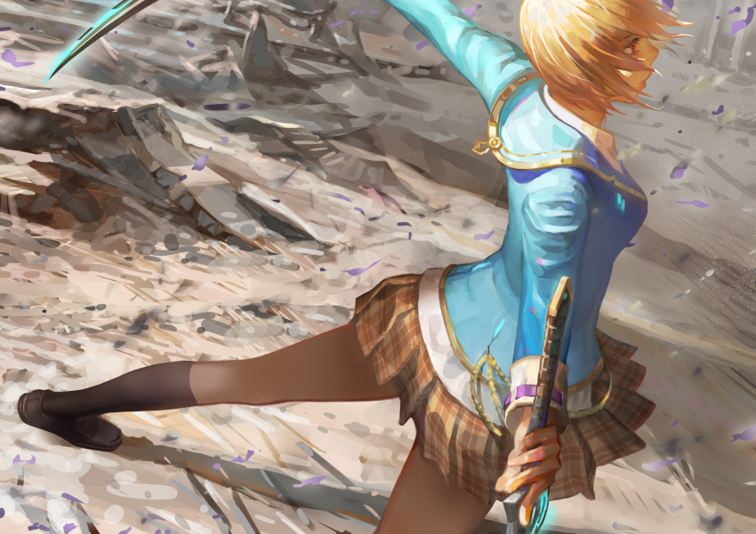 1girl, brown_hair, commentary_request, dual_wielding, from_behind, heaven_burns_red, highres, holding