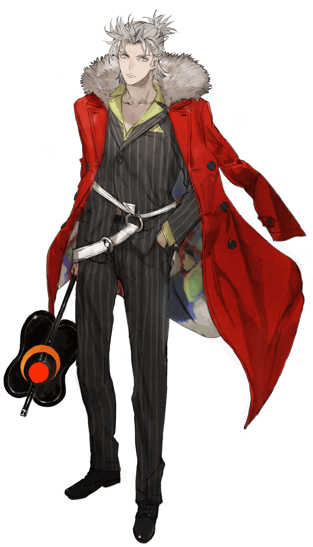 1boy, belt, black_jacket, black_shoes, black_suit, closed_mouth, coat, coat_on_shoulders