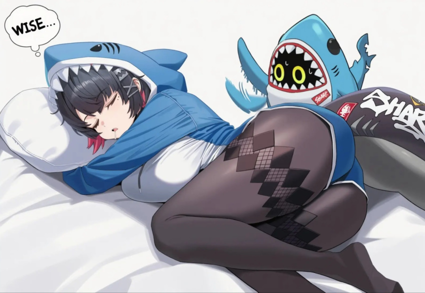 1girl, ellen_joe, shark_girl, shark_hood, shark_tail, sharkboo_(zenless_zone_zero), short_hair, sleeping