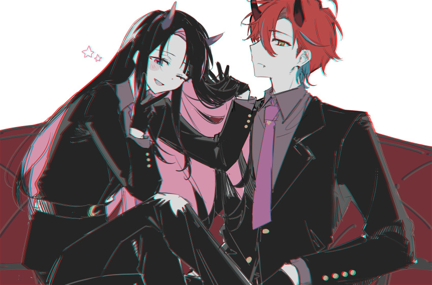 2boys, black_gloves, black_hair, black_jacket, black_pants, cho_kaguya-hime!, closed_mouth, collared_shirt