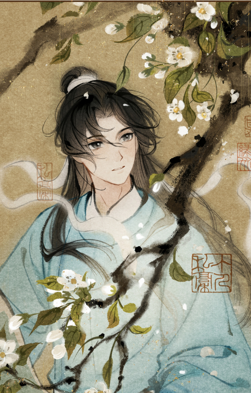 1boy, absurdres, black_hair, branch, brown_eyes, chinese_clothes, chinese_commentary, commentary_request