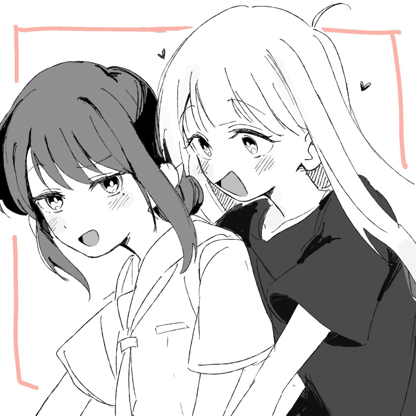 2girls, :d, ahoge, blunt_bangs, cho_kaguya-hime!, commentary_request, deden_ne1, greyscale