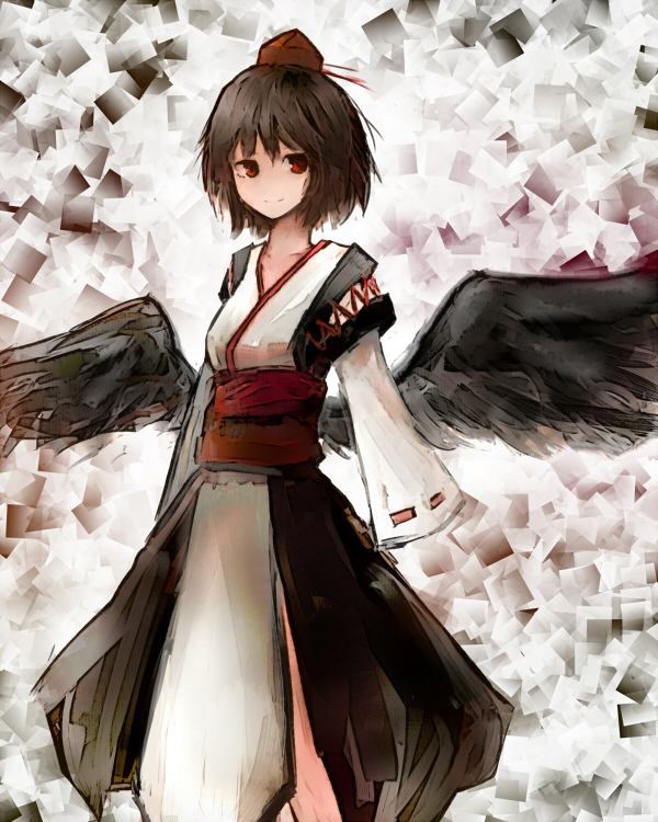 brown_hair, hat, hata, japanese_clothes, low_wings, red_eyes, shameimaru_aya, short_hair