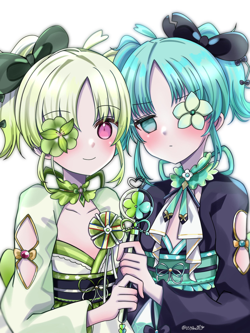 2girls, aqua_eyes, aqua_hair, blush, bow, bowtie, flower_in_eye, flower_ornament