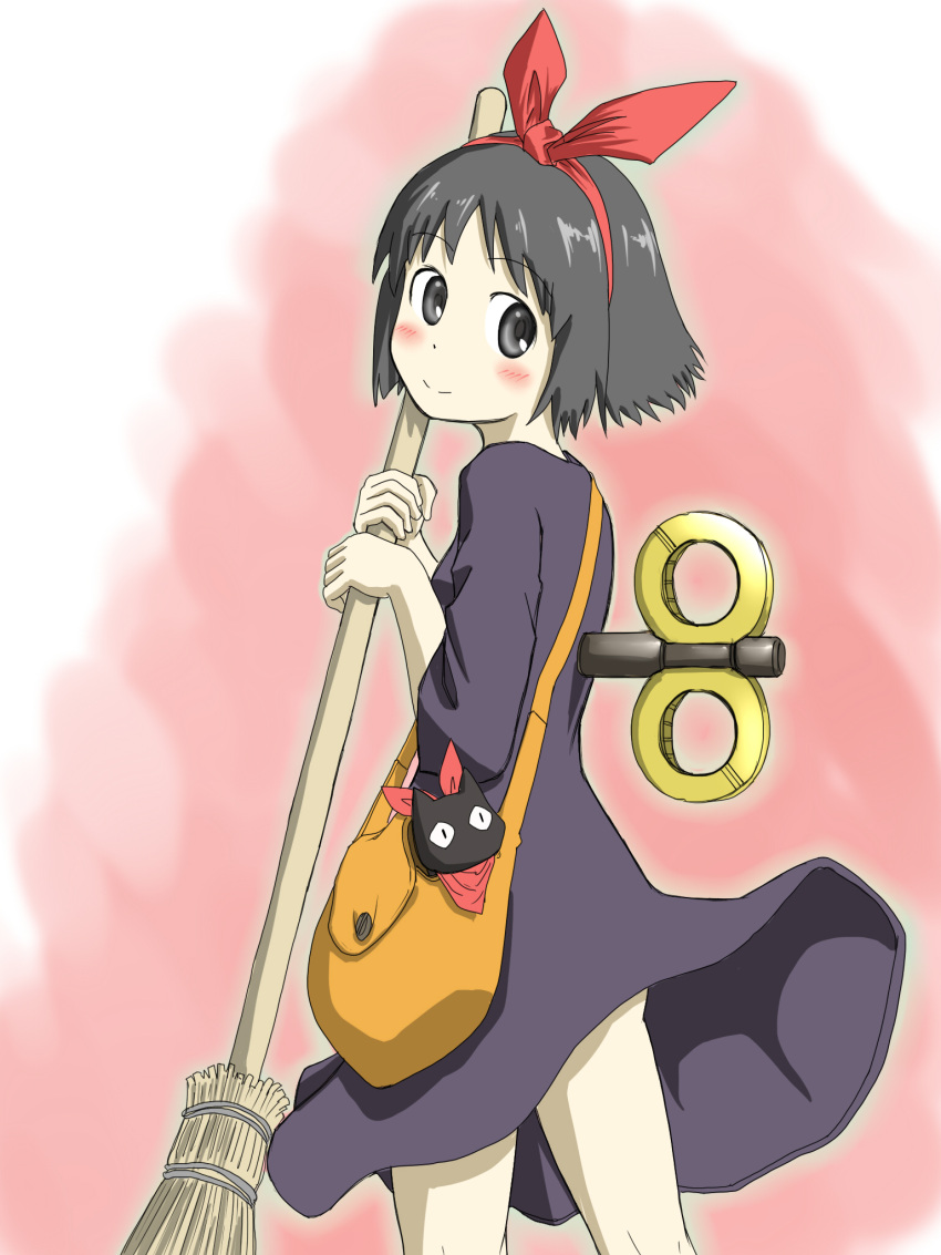 bag, black_cat, black_cat_(animal), black_eyes, black_hair, blush, bow, broom