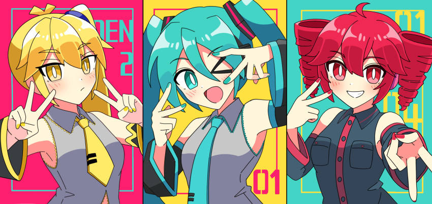>_o, 3girls, ;d, ahoge, akita_neru, aqua_background, aqua_hair, aqua_nails
