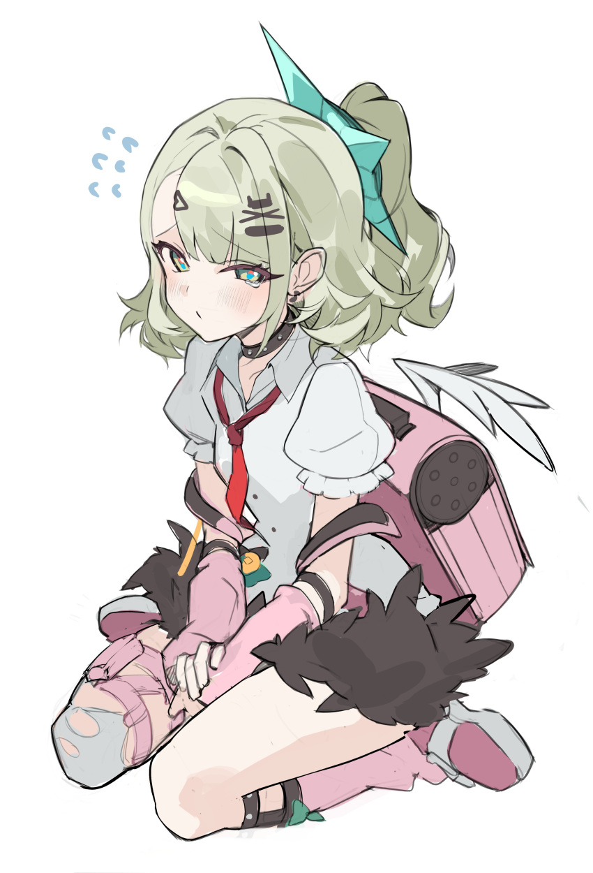 1girl, :/, absurdres, arm_warmers, bandaid, bandaid_hair_ornament, black_skirt, blush