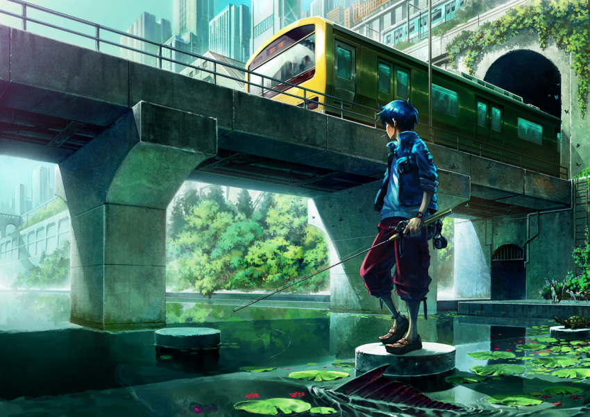 bridge, cat, fish, fishing_rod, jacket, lily_pad, original, oropi