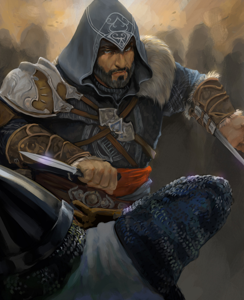 2boys, absurdres, armor, assassin's_creed:_revelations, assassin's_creed_(series), beard, dagger, esther_schrader, ezio_auditore_da_firenze, facial_hair, green_eyes, grey_hood, hidden_blade_(assassin's_creed), highres, holding, holding_dagger, holding_knife, holding_weapon, knife, multiple_boys, pauldrons, shoulder_armor, single_pauldron, solo, vambraces, weapon