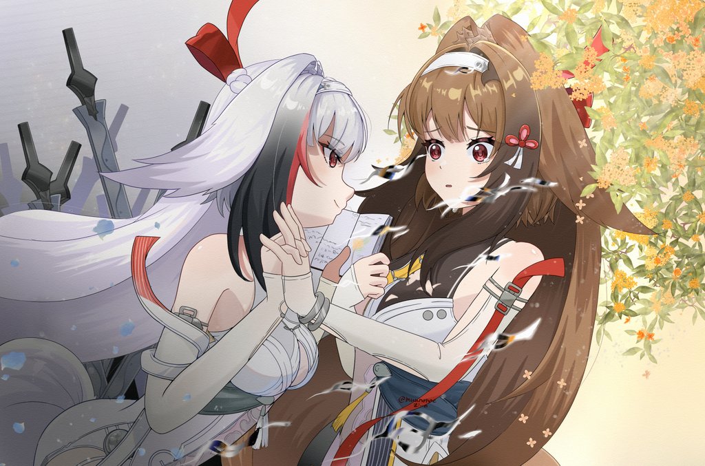 2girls, alternate_form, armlet, bare_shoulders, book, brown_hair, china_dress, chinese_clothes