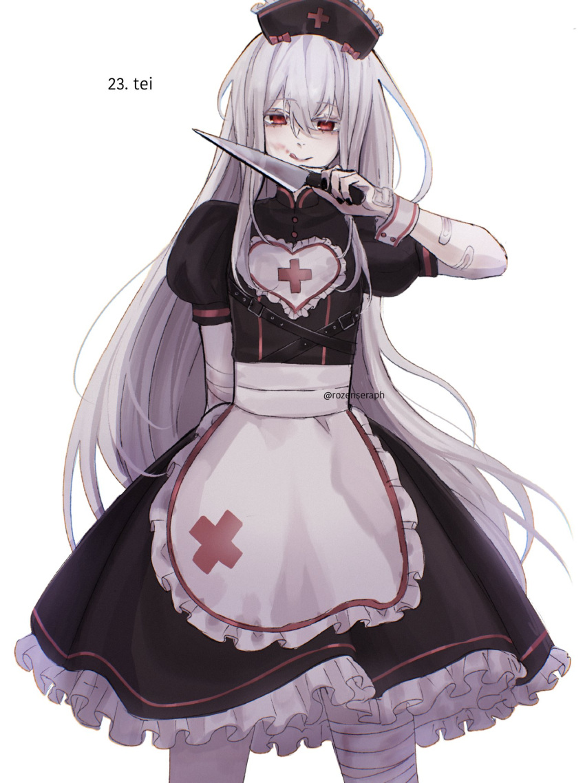 1girl, apron, bandaged_arm, bandages, bandaid, bandaid_on_arm, black_dress, black_nails, blood, blood_on_face, character_name, cowboy_shot, dress, english_commentary, hat, highres, holding, holding_knife, knife, lace_trim, licking_lips, lolita_fashion, long_hair, looking_at_viewer, nurse_cap, puffy_short_sleeves, puffy_sleeves, red_eyes, rozenseraph, short_sleeves, solo, sukone_tei, tongue, tongue_out, utau, waist_apron, white_apron, white_background, white_hair