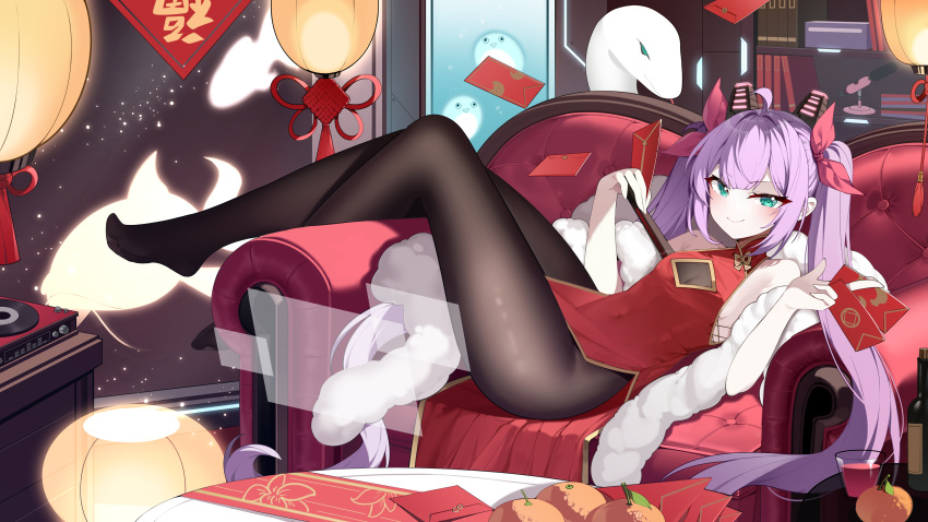 1girl, absurdres, ahoge, aqua_eyes, bare_shoulders, black_pantyhose, bottle, breasts