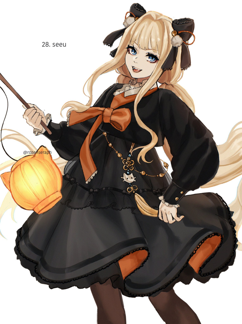 1girl, black_bow, black_hanbok, black_pantyhose, blonde_hair, blue_eyes, bow, character_name