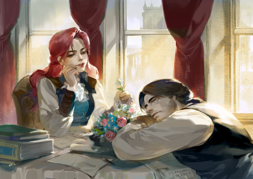 1boy, 1girl, arno_dorian, assassin's_creed_(series), black_hair, blue_dress, blue_eyes, chinese_commentary