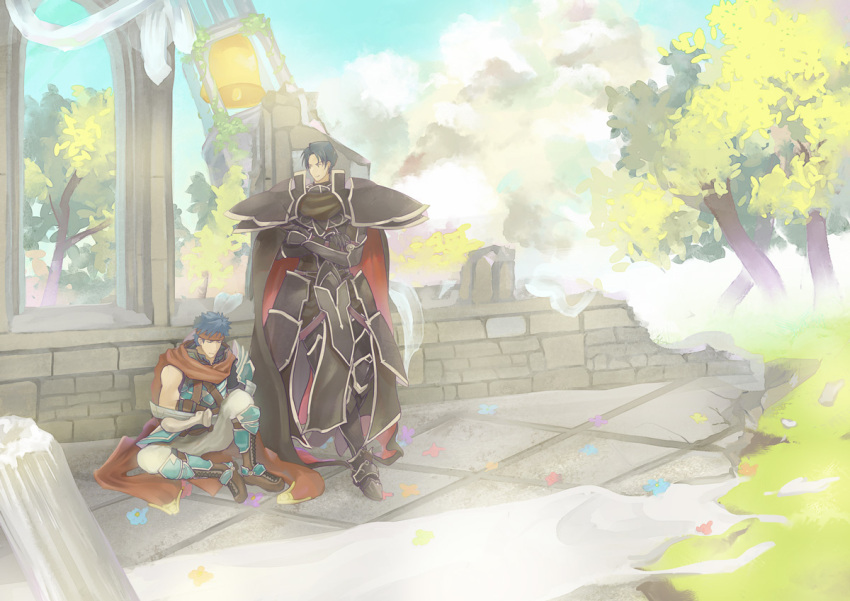 2boys, armor, black_armor, blue_hair, boots, brown_boots, closed_eyes, closed_mouth