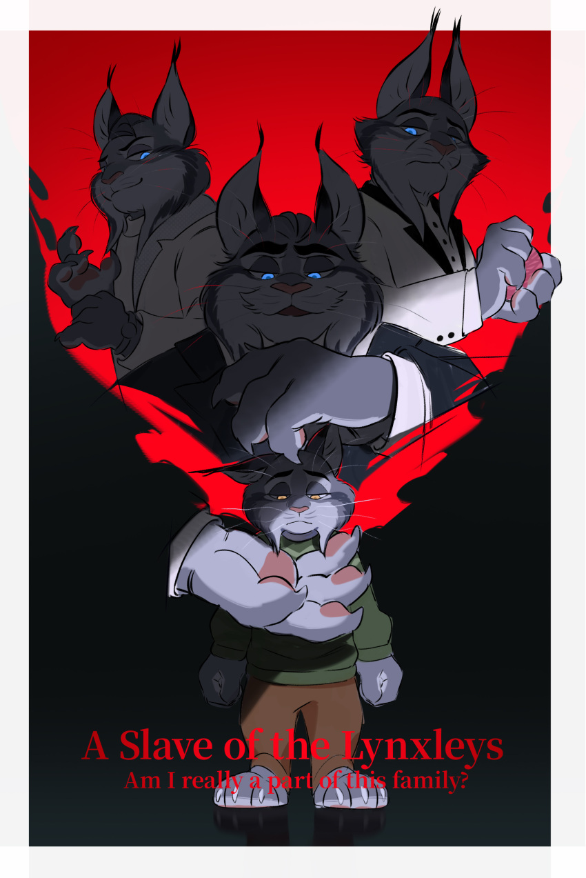 1girl, 3boys, absurdres, animal_ears, barefoot, black_suit, boogbogex, brown_pants