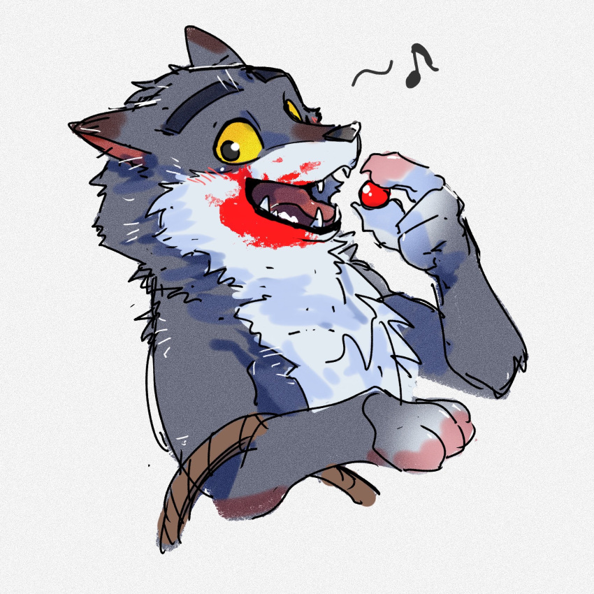 1boy, albert_(le_mal_aime), animal_ears, ao_gravity, basket, claws, eating, fangs, food, fruit, furry, furry_male, highres, holding, holding_food, holding_fruit, le_mal_aime_(intermarche), looking_at_viewer, male_focus, musical_note, open_mouth, smile, spoken_musical_note, white_background, wolf_boy, wolf_ears