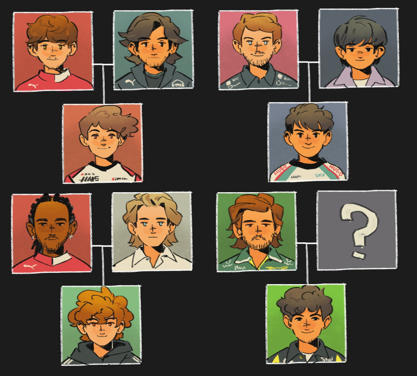 6+boys, ?, andrea_kimi_antonelli, beard, beard_stubble, black_background, black_eyes, black_hair