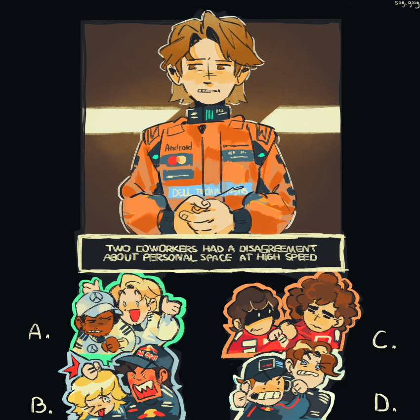 6+boys, alain_prost, ayrton_senna, black_background, black_hair, blonde_hair, blue_eyes, brown_eyes