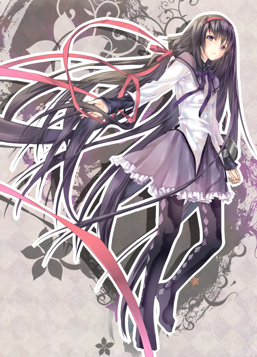 akemi_homura, black_hair, black_legwear, blue_eyes, frills, hair_ribbon, hairband, highres