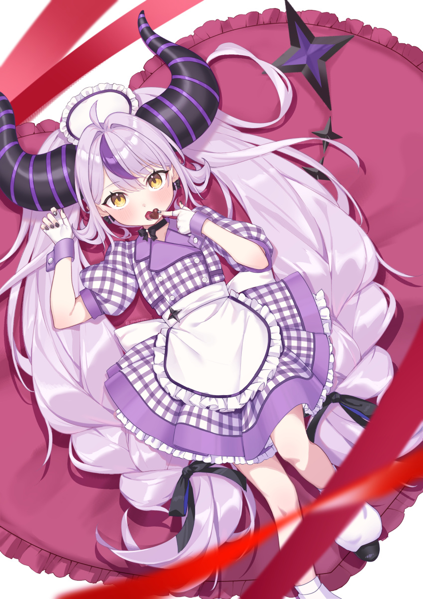 1girl, absurdres, ahoge, apron, black_choker, black_horns, bow, bow_earrings